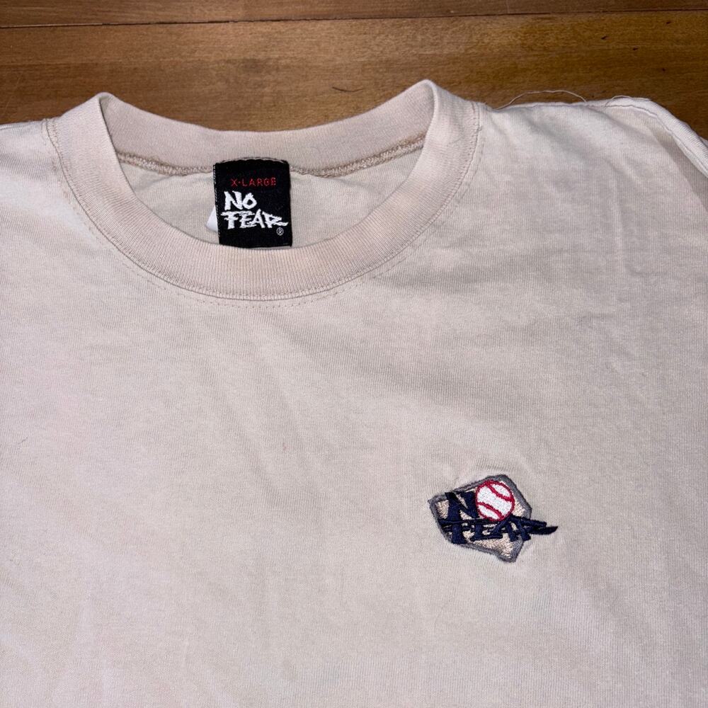Vintage 90s No Fear T-Shirt Small Embroidered Baseball Patch Cream Single Stitch